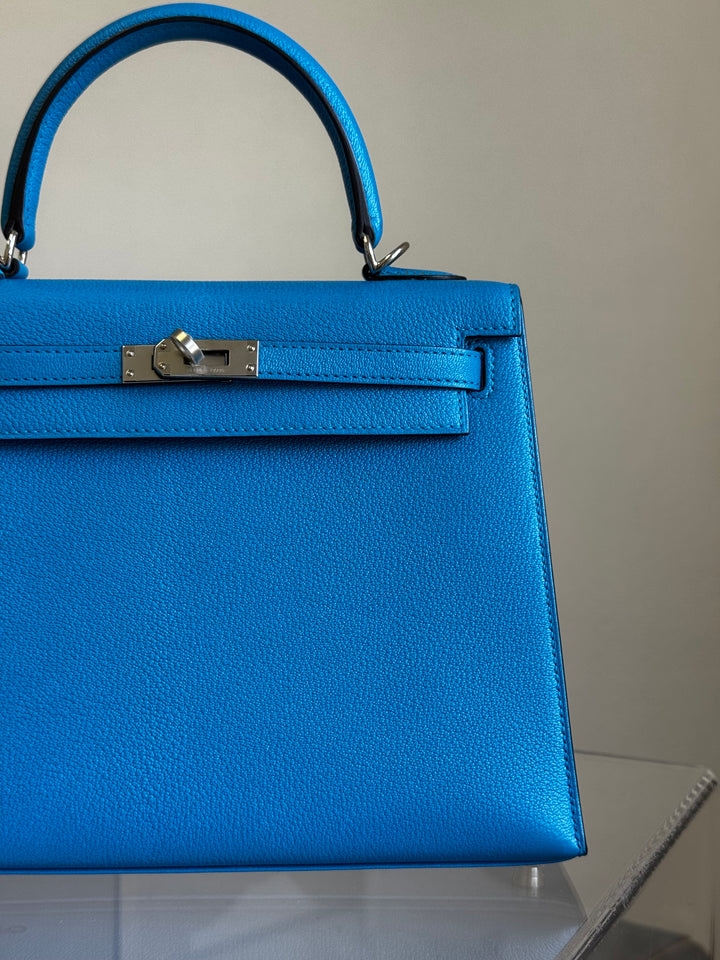 Hermes Bleu Frida Chèvre Kelly 25 Sellier