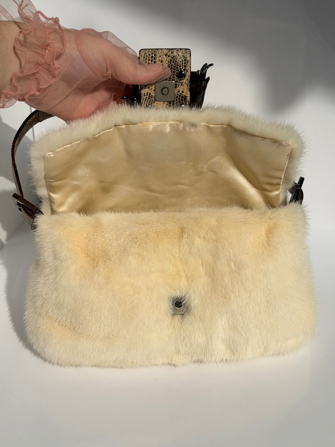 Fendi Crystal Embellished Baguette White Mink Fur Lizard Trim Gold Tone Hardware