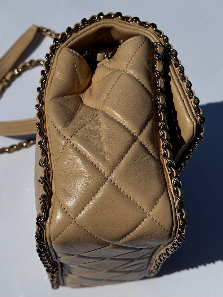 Chanel Beige Crumpled Calfskin Medium Chain All Over Flap Bag