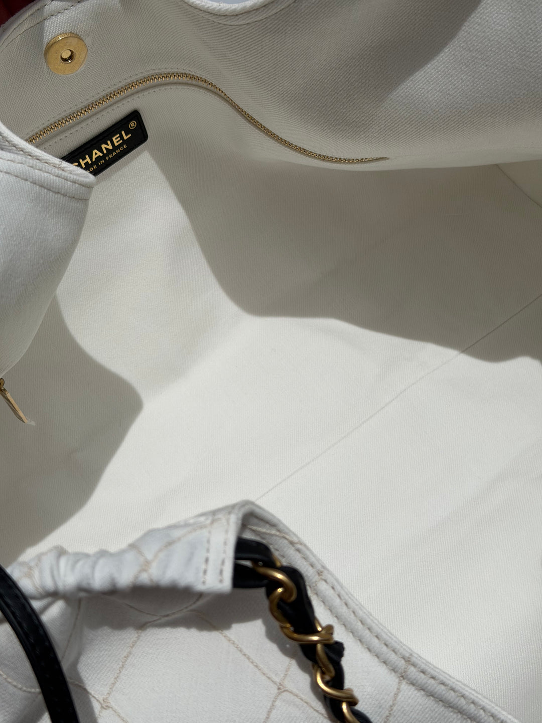Chanel Coco Beach Maxi Shopping Bag White Denim Black Calfskin Gold Hardware 2026