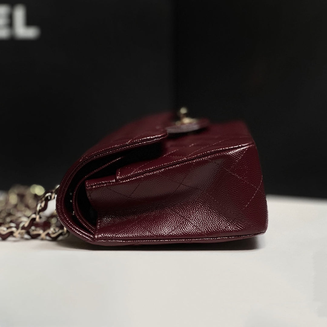 Chanel Small Classic Double Flap Caviar Burgundy Light Gold Hardware 2021