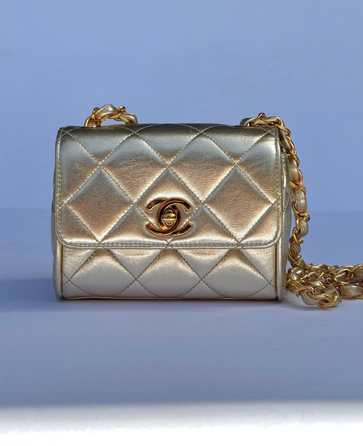 Chanel 1994 Vintage Metallic Gold Extra Mini Flap Bag