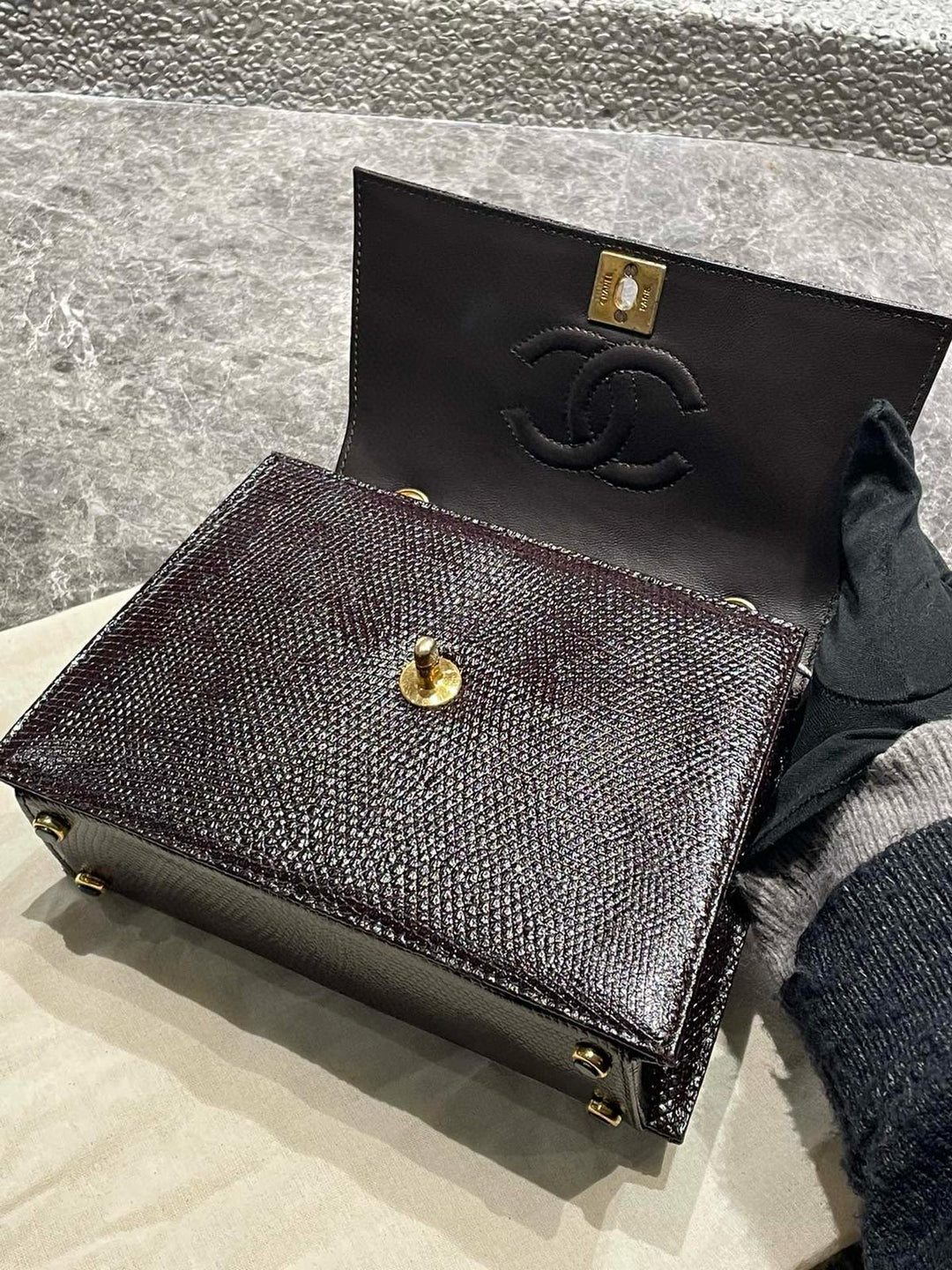 Chanel Small Trapezoid Flap Bag Burgundy Lizard Leather Gold Hardware With Bijoux Chain 1989