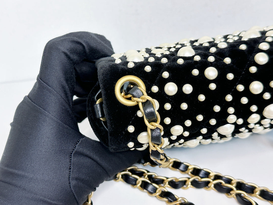 Chanel Black Velvet Mini Pearl Flap Bag