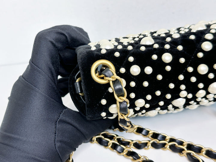 Chanel Black Velvet Mini Pearl Flap Bag