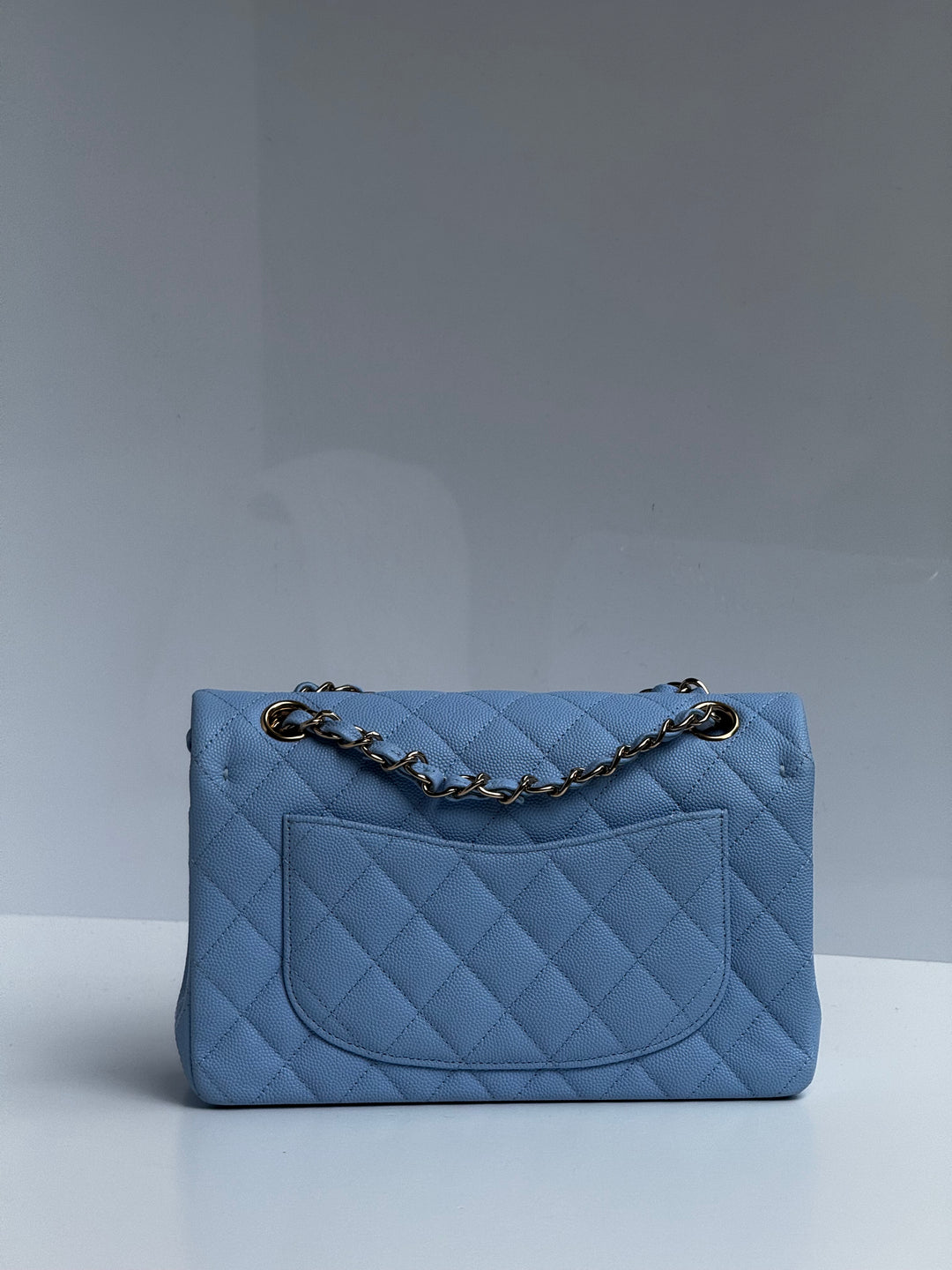 Chanel Small Classic Double Flap Caviar Light Blue Light Gold Hardware 2023