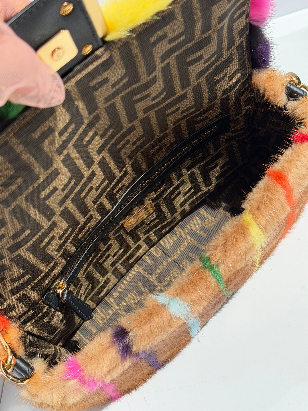 Fendi Baguette Visone Intarsio Arcobaleno Multicolor Mink Fur Gold Hardware 2022
