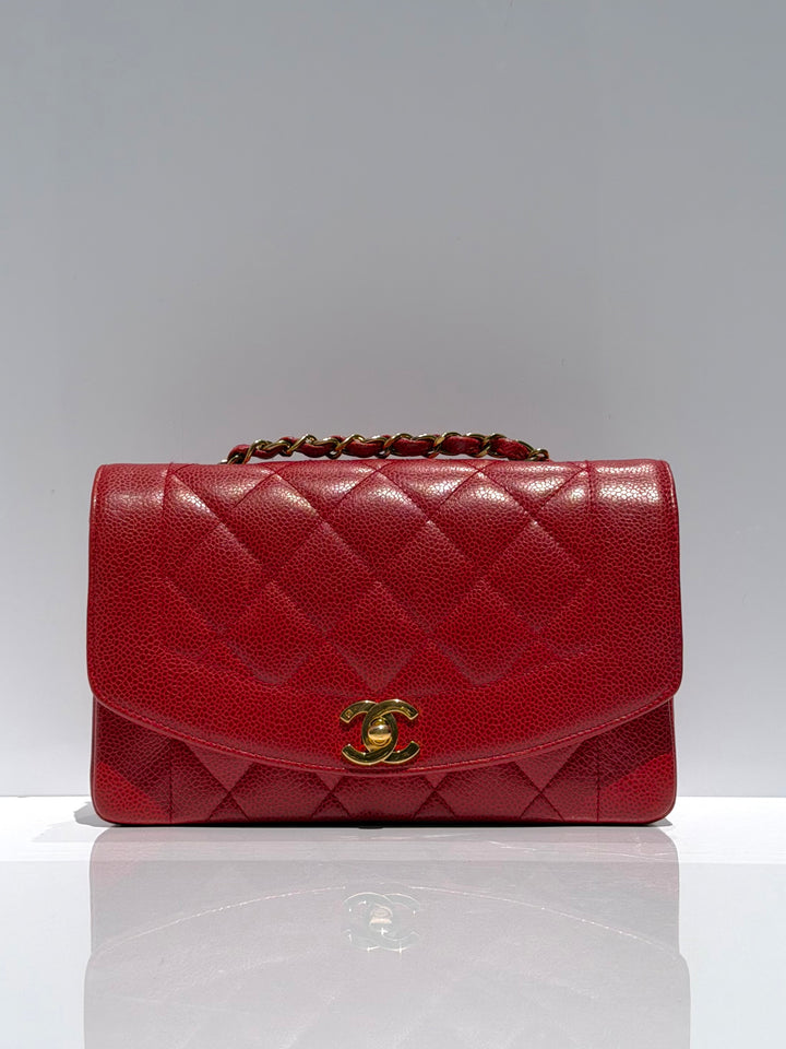 Chanel Small Diana Flap Bag Caviar Red 24K Plated Gold Hardware 1994