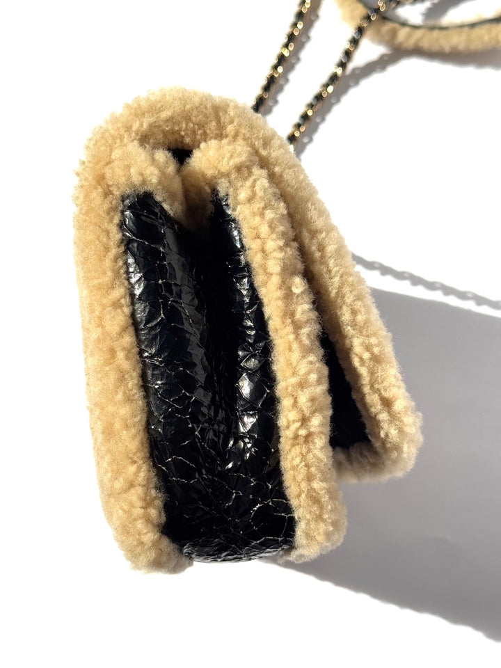 Chanel Black Shiny Crumpled Sheepskin and Shearling Mania Flap