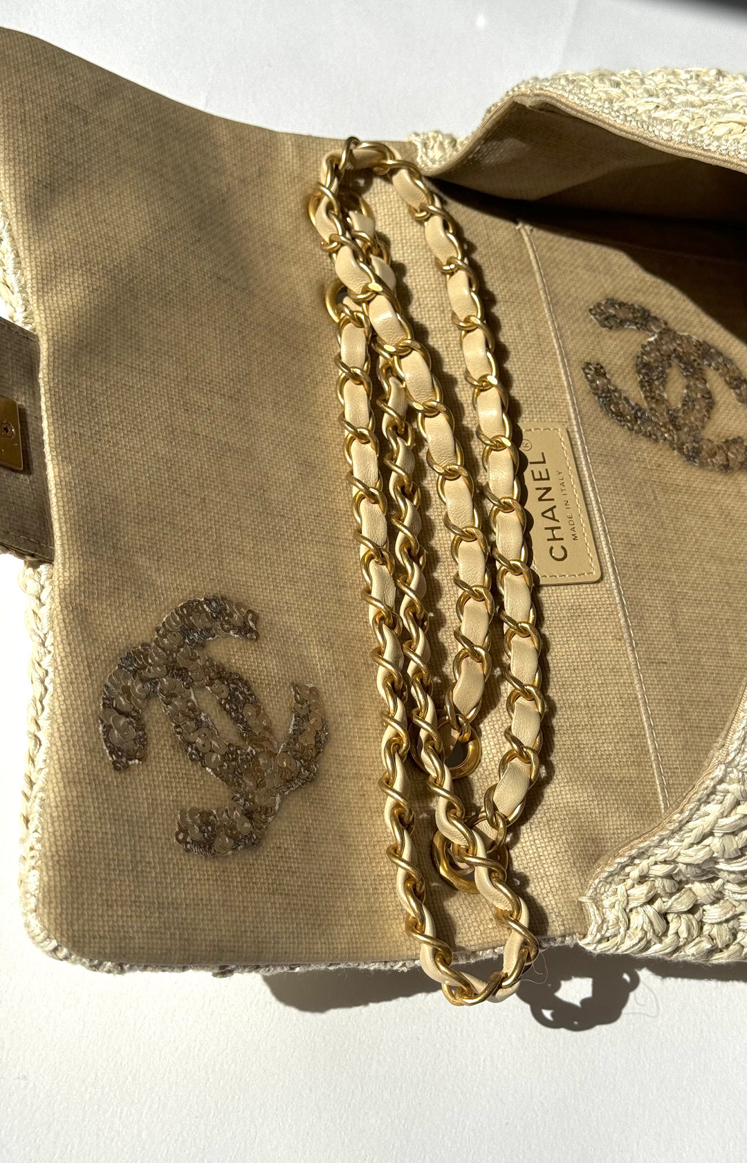 Chanel Raffia Crochet Flap Tan Matte Gold Hardware 18C