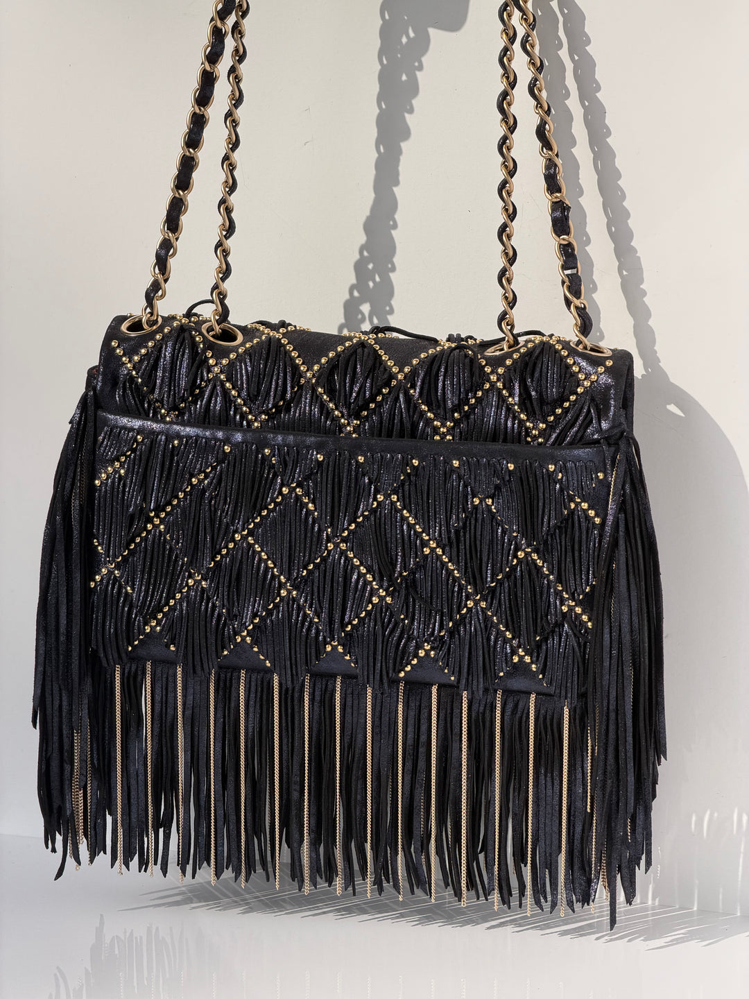 Chanel Paris-Dallas Medium Fringe Flap Bag Black Iridescent Leather Brushed Gold Tone Hardware 2014