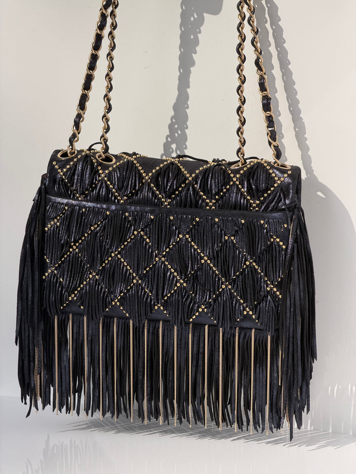Chanel Paris-Dallas Medium Fringe Flap Bag Black Iridescent Leather Brushed Gold Tone Hardware 2014