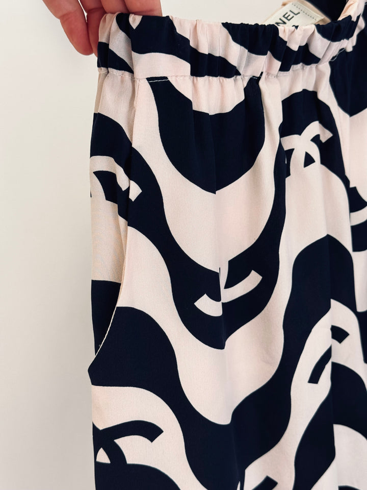 Chanel 2021 Black & White Silk Wave Shirt & Pants Set