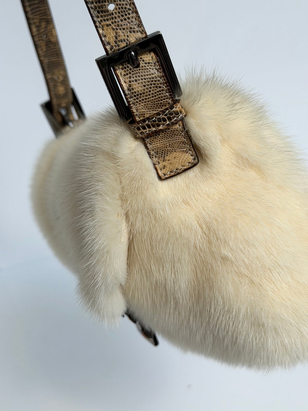 Fendi Crystal Embellished Baguette White Mink Fur Lizard Trim Gold Tone Hardware