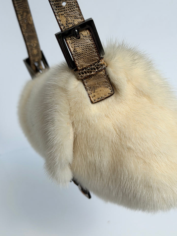 Fendi Crystal Embellished Baguette White Mink Fur Lizard Trim Gold Tone Hardware