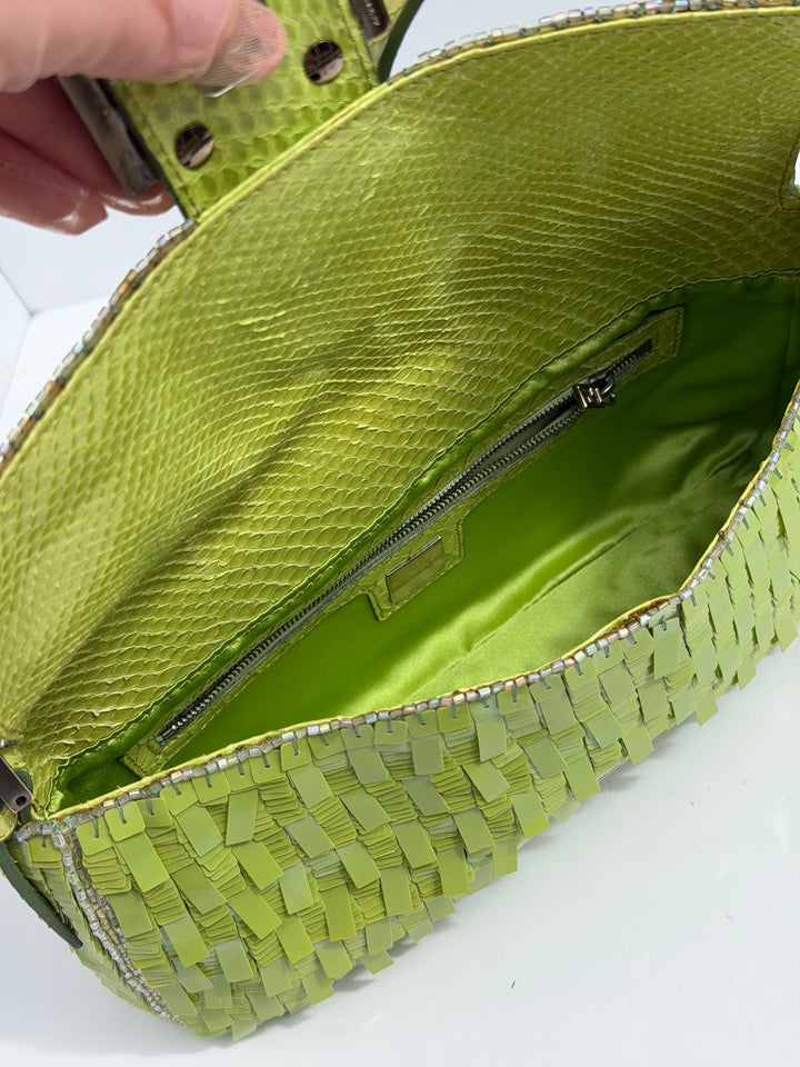 Fendi Lime Green Sequin Baguette Python Trim Silver Hardware 2000