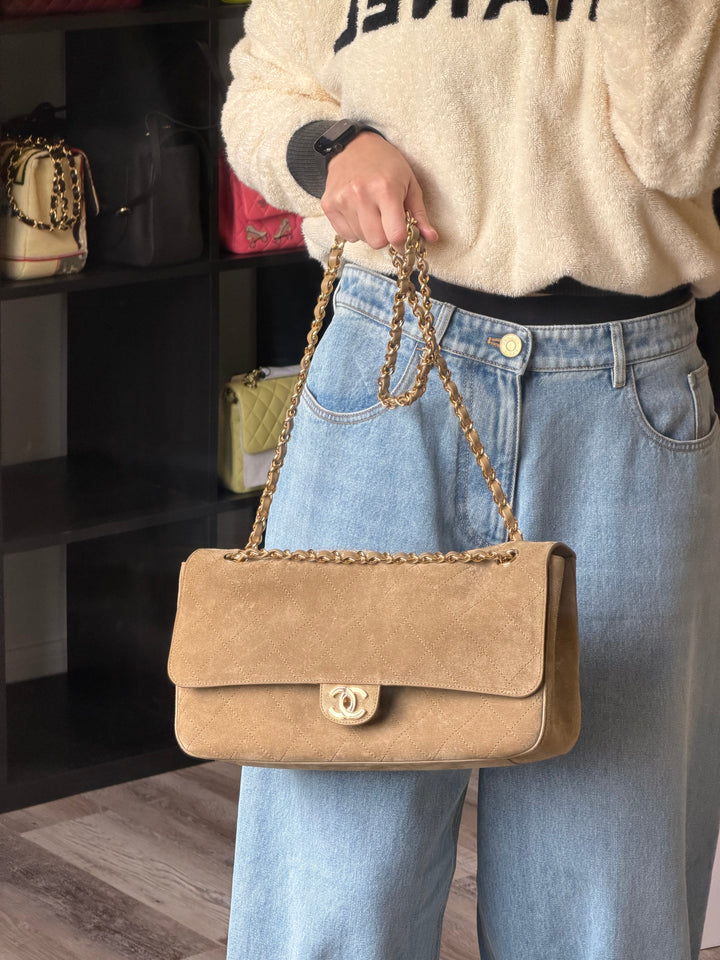 Chanel Maxi Flap Bag Beige Souplissimo Suede Calfskin Gold Tone Hardware 2026