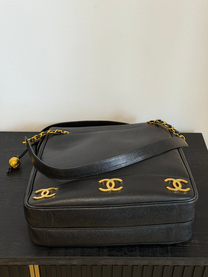 Chanel Black Caviar Triple Coco CC Tote Bag 24K Gold Plated Hardware 1994
