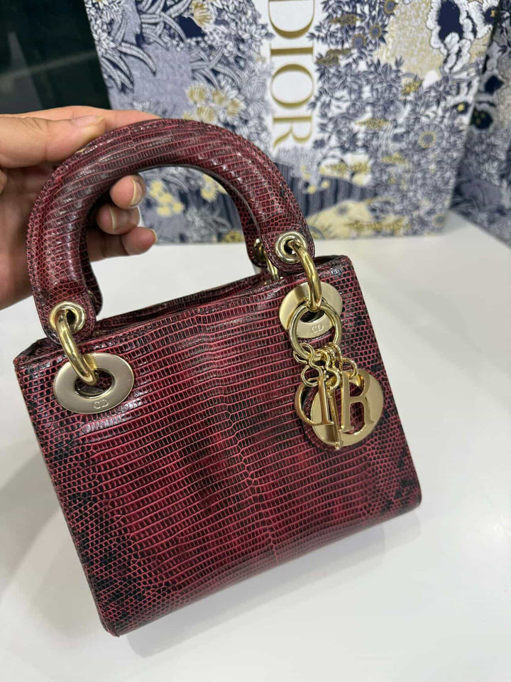 Christian Dior Lady Dior Mini Top Handle Lizard Burgundy Gold Hardware