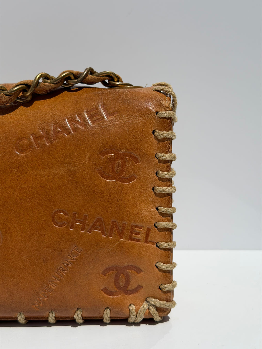 Chanel Half Flap Bag Tan Debossed Logo Calfskin Whipstitched Gold Hardware 1994