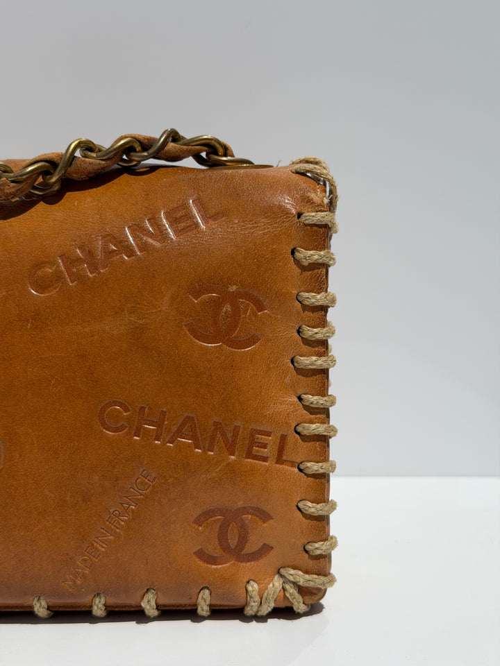 Chanel Half Flap Bag Tan Debossed Logo Calfskin Whipstitched Gold Hardware 1994