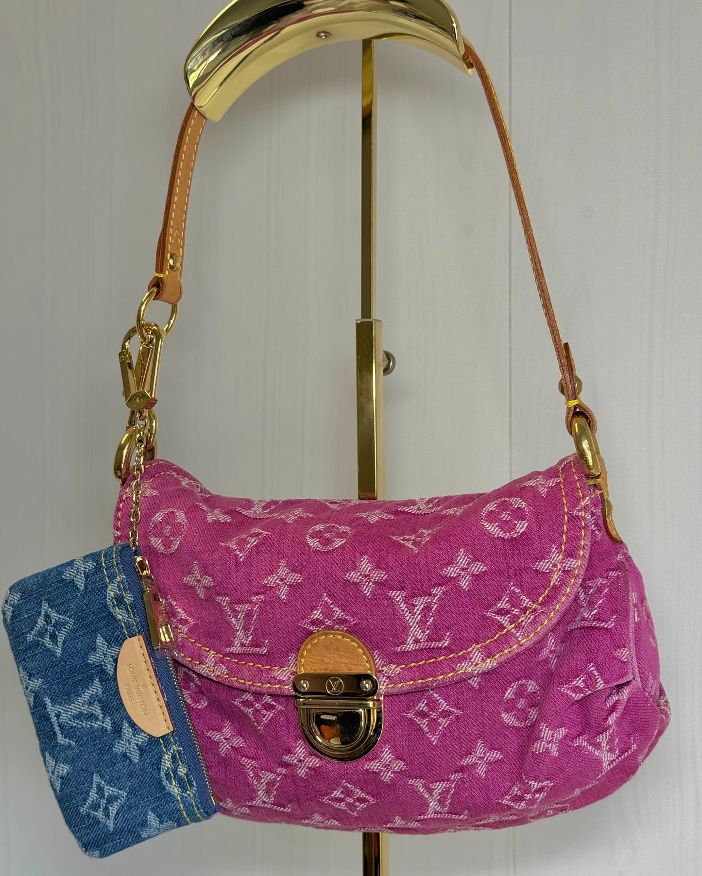 Louis Vuitton Pink Monogram Denim Mini Pleaty + Coin Pouch