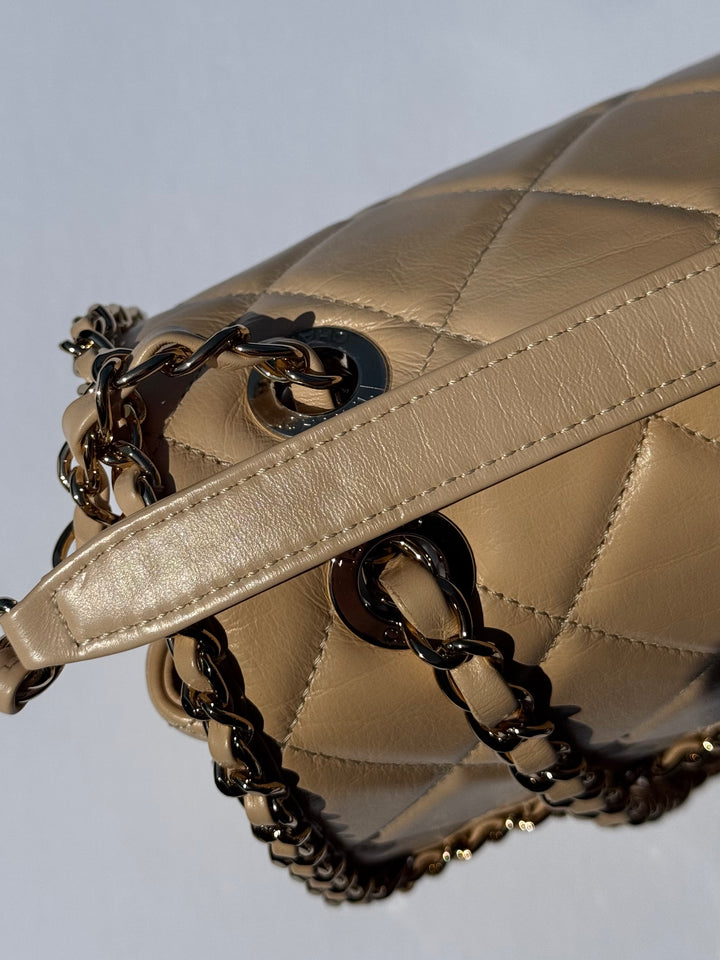 Chanel Beige Crumpled Calfskin Medium Chain All Over Flap Bag