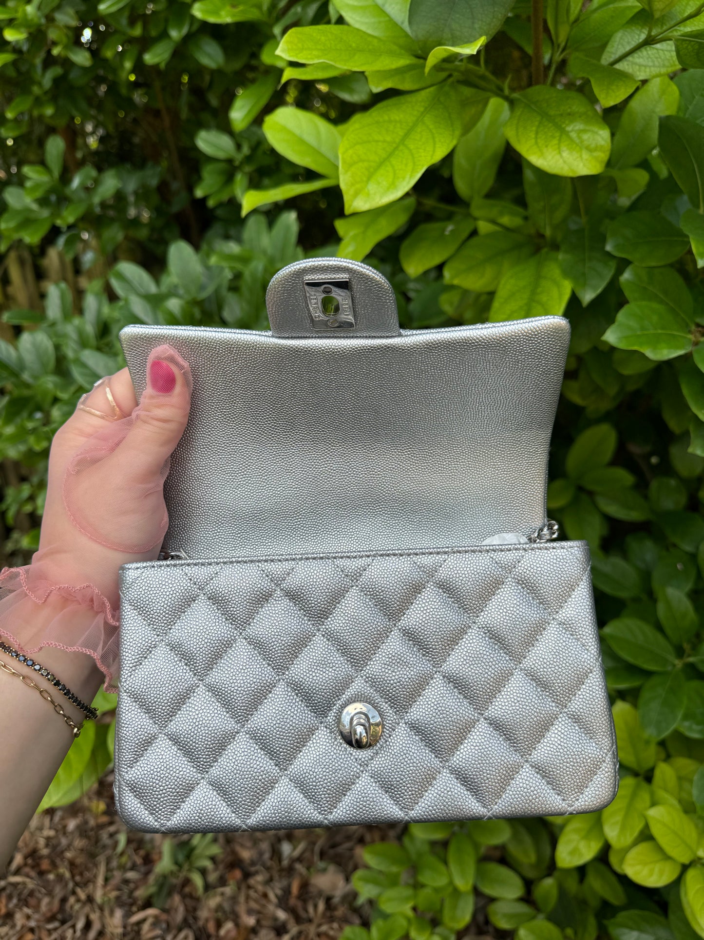 Chanel 21S Mini Metallic Silver Caviar Top Handle