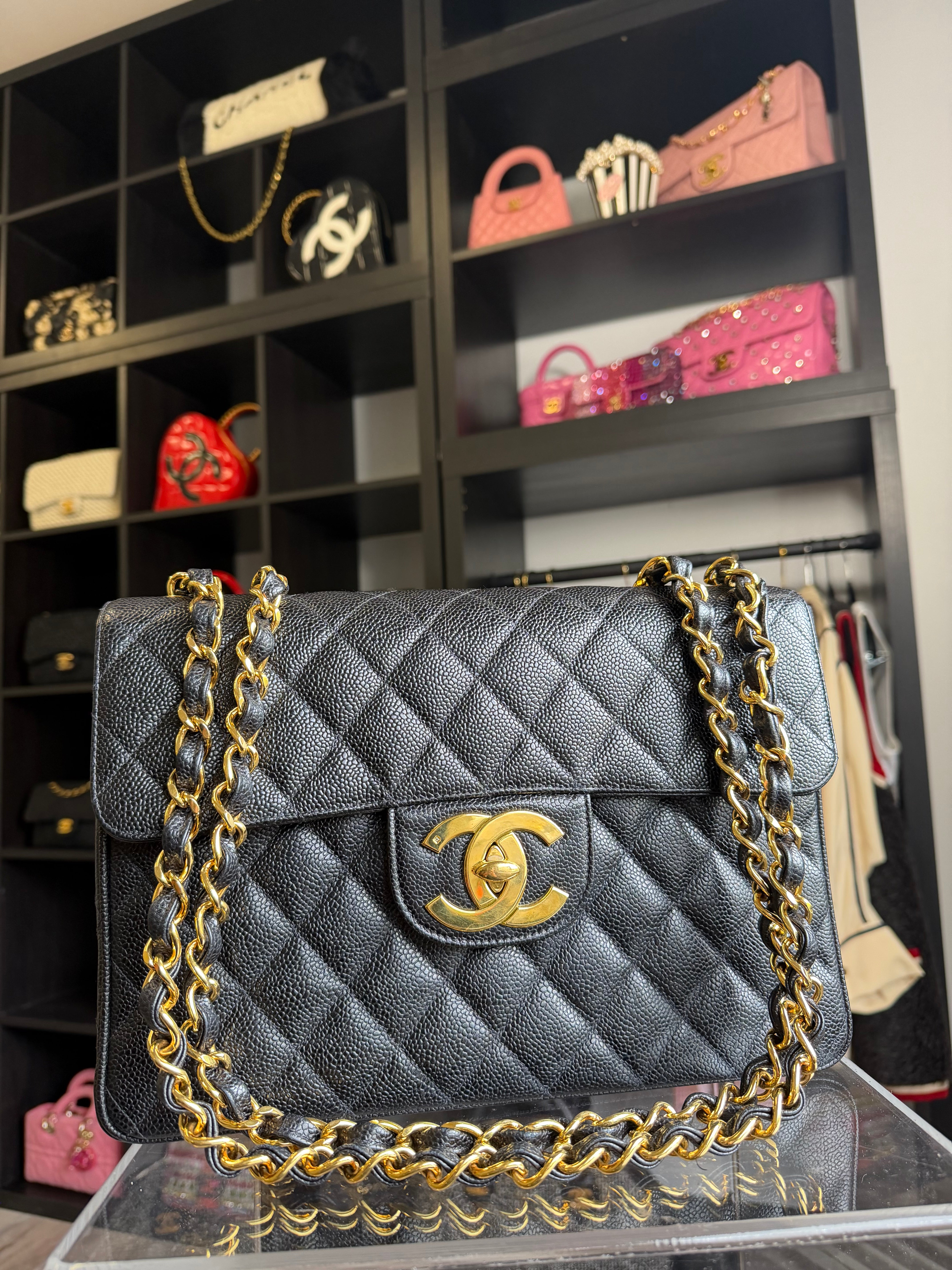 Chanel Classic Flap Jumbo Black Caviar 24K Gold Hardware 1994