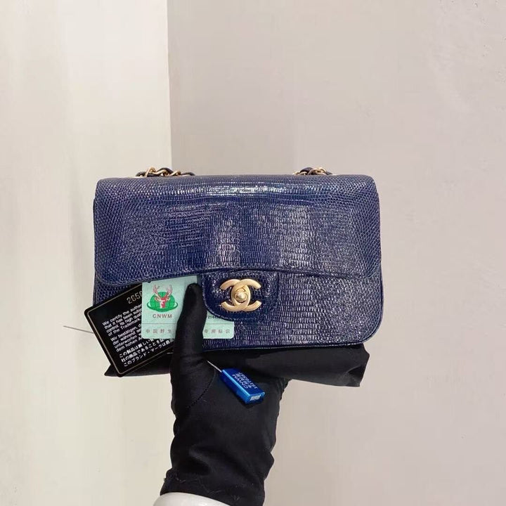 Chanel Navy Blue Lizard Mini Flap Brushed Gold Hardware 2018