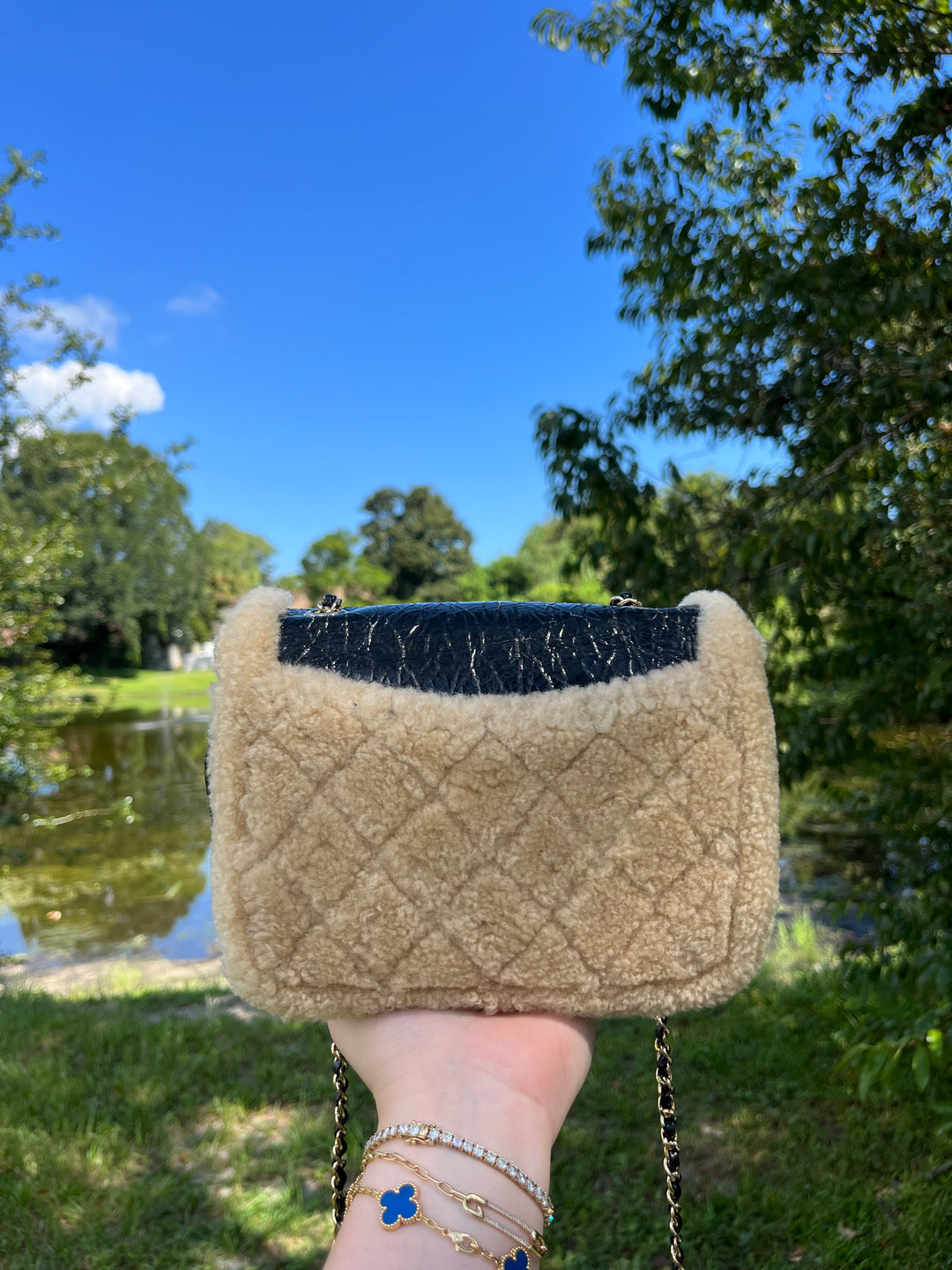 Chanel Black Shiny Crumpled Sheepskin and Shearling Mania Flap