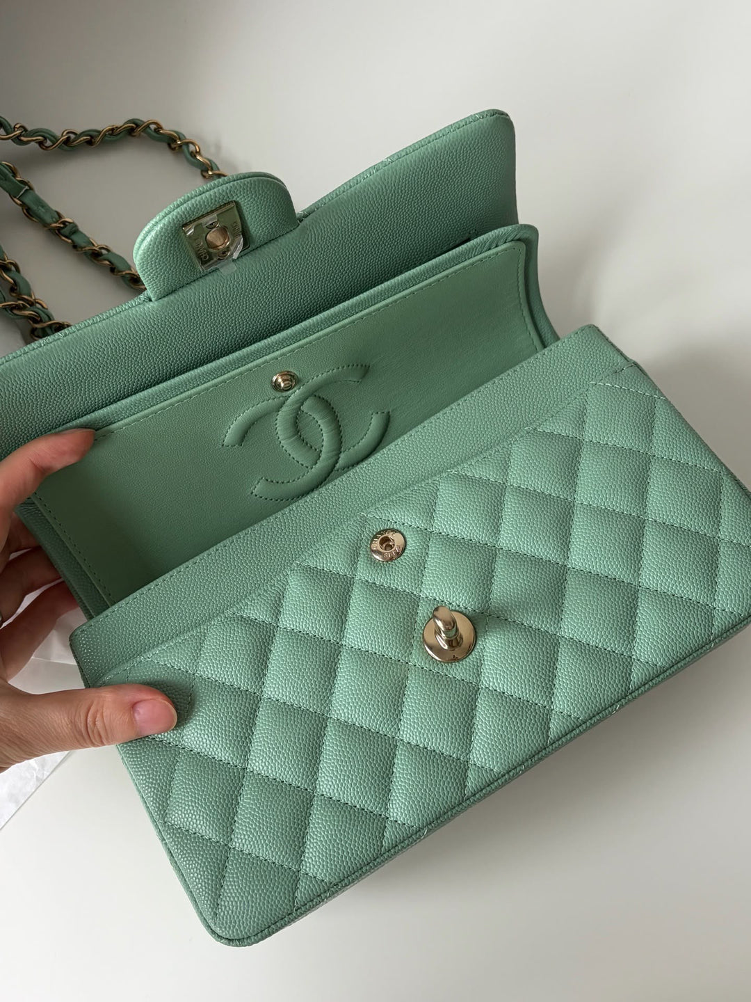 Chanel Small Classic Double Flap Caviar Green Light Gold Hardware 2023