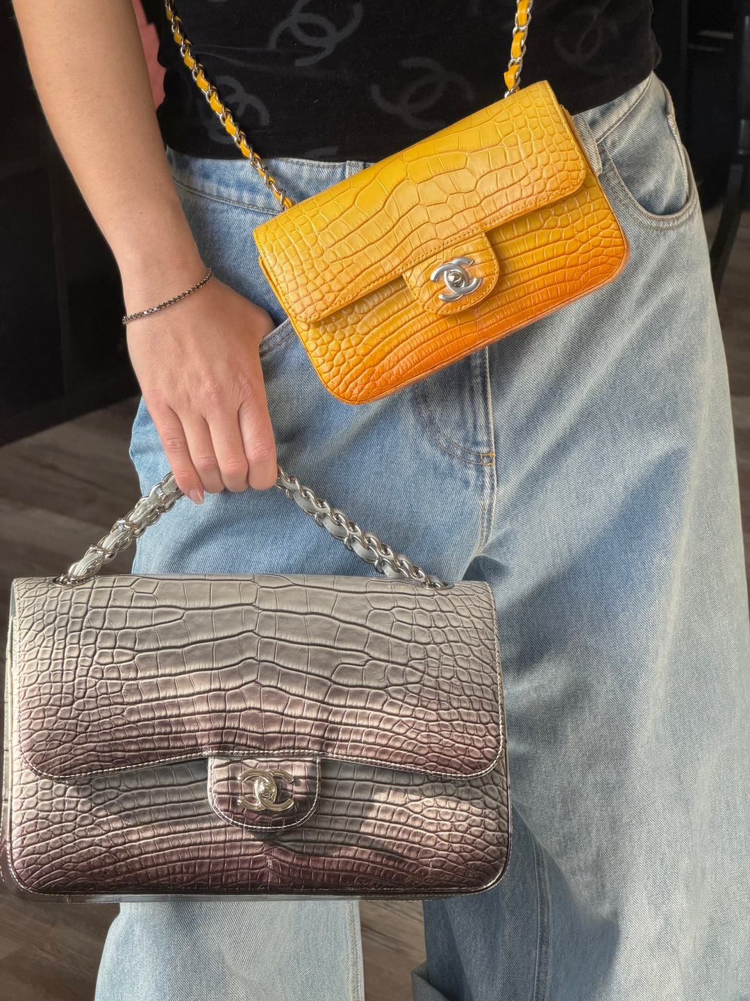 Chanel Mini Flap Orange & Yellow Ombre Alligator Silver Hardware 2014