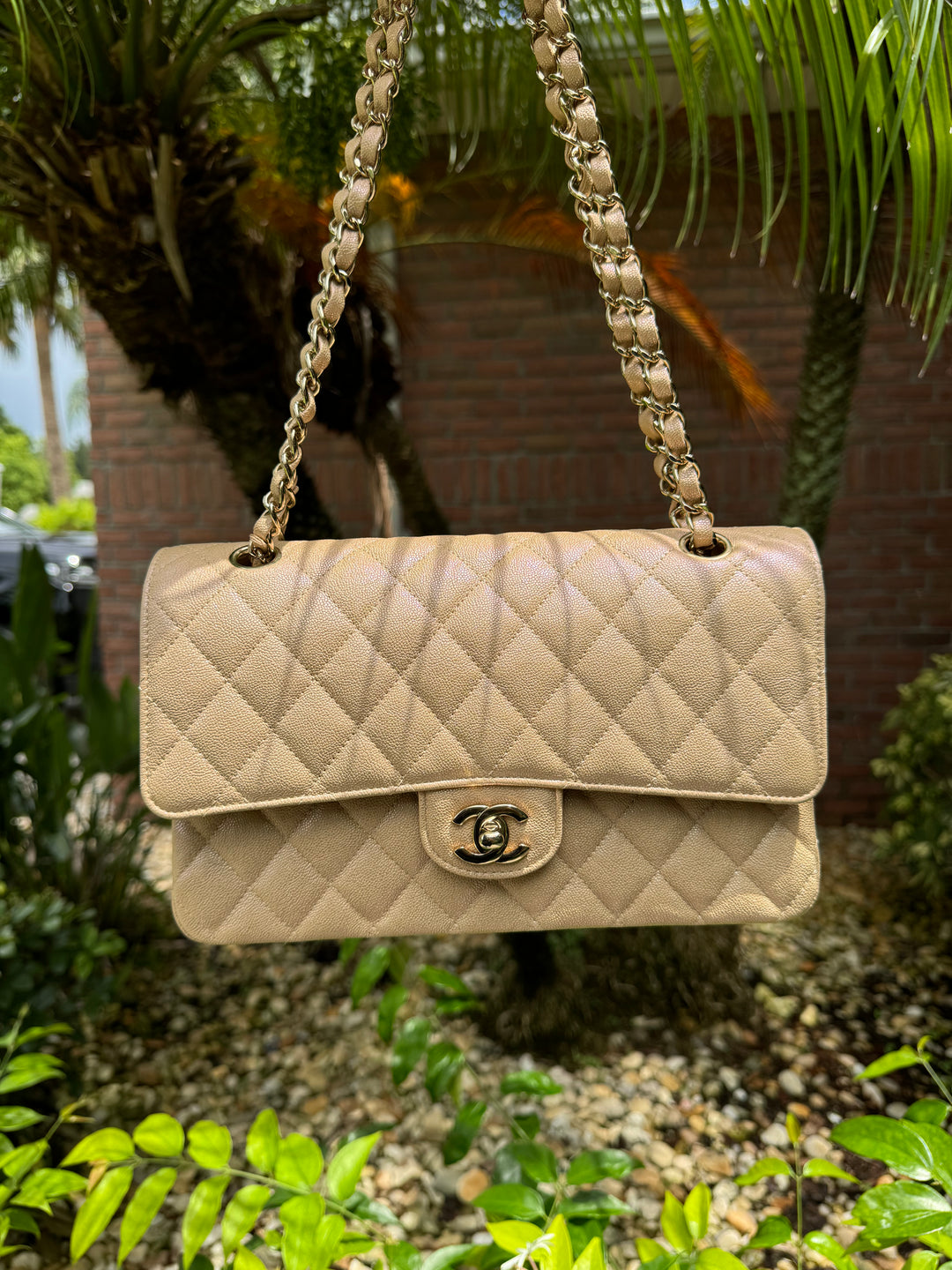 Chanel 19S Beige Iridescent Medium Caviar Classic Flap