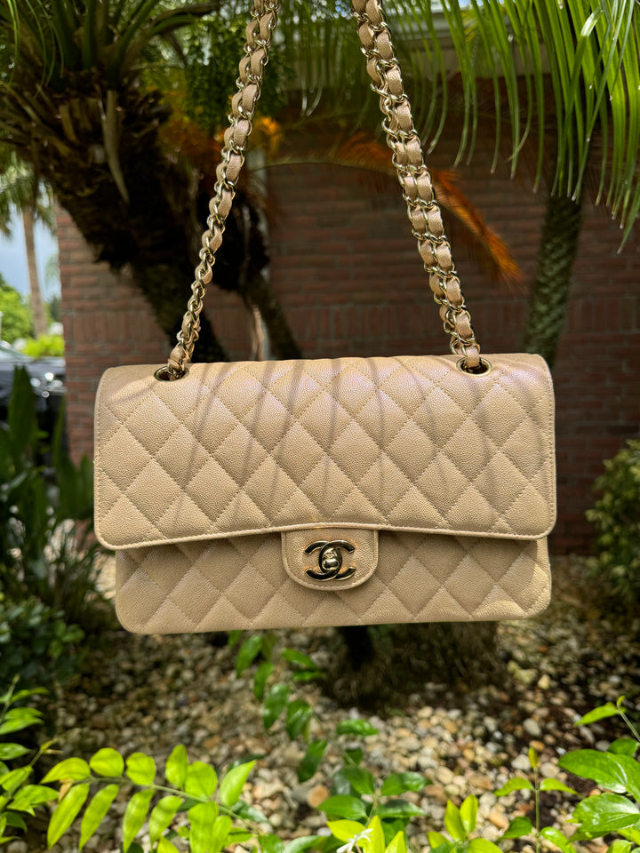 Chanel 19S Beige Iridescent Medium Caviar Classic Flap
