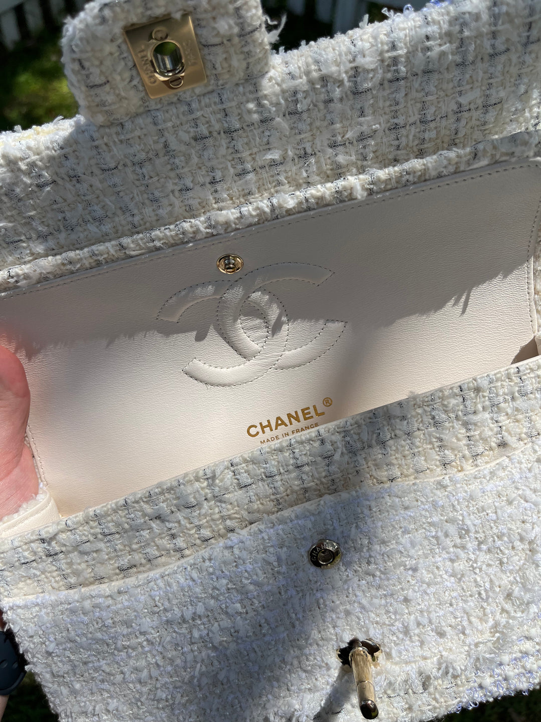 Chanel White Medium Tweed Patchwork Flap Bag