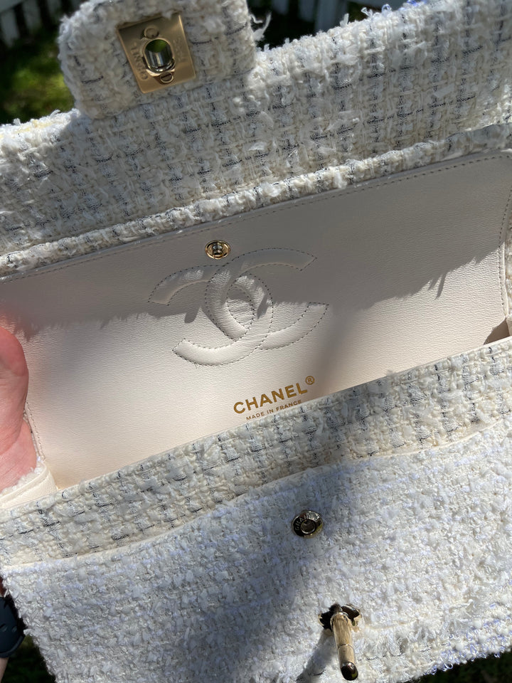 Chanel White Medium Tweed Patchwork Flap Bag