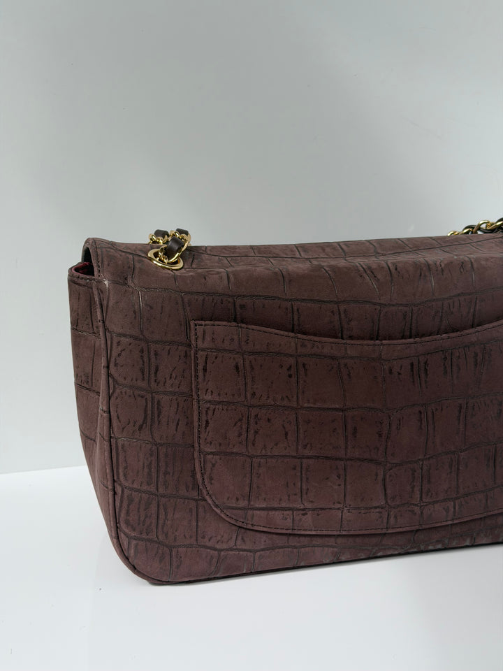 Chanel Maxi Flap Bag Brown Croc-Embossed Suede Calfskin Gold Tone Hardware 2026