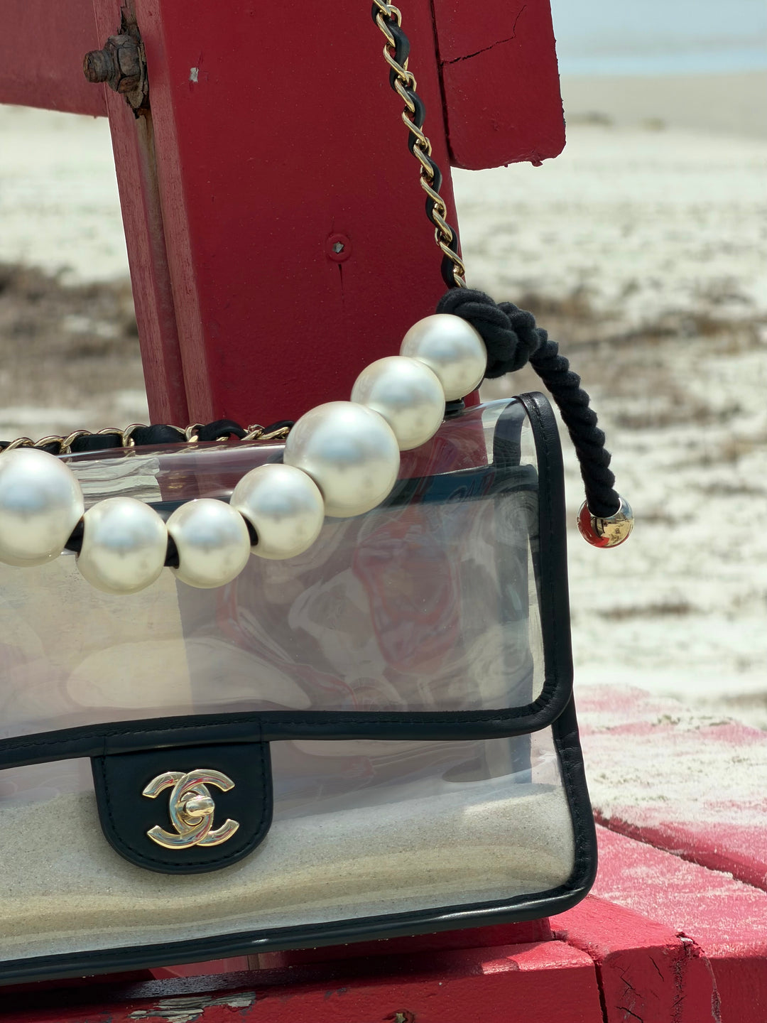 Chanel Sand By The Sea Pearl Strap Flap Bag PVC Black Light Gold Hardware 2019