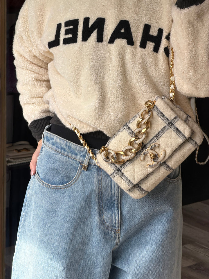Chanel Small Elegant Chain Flap Wool Tweed White Black Gold Hardware 2022