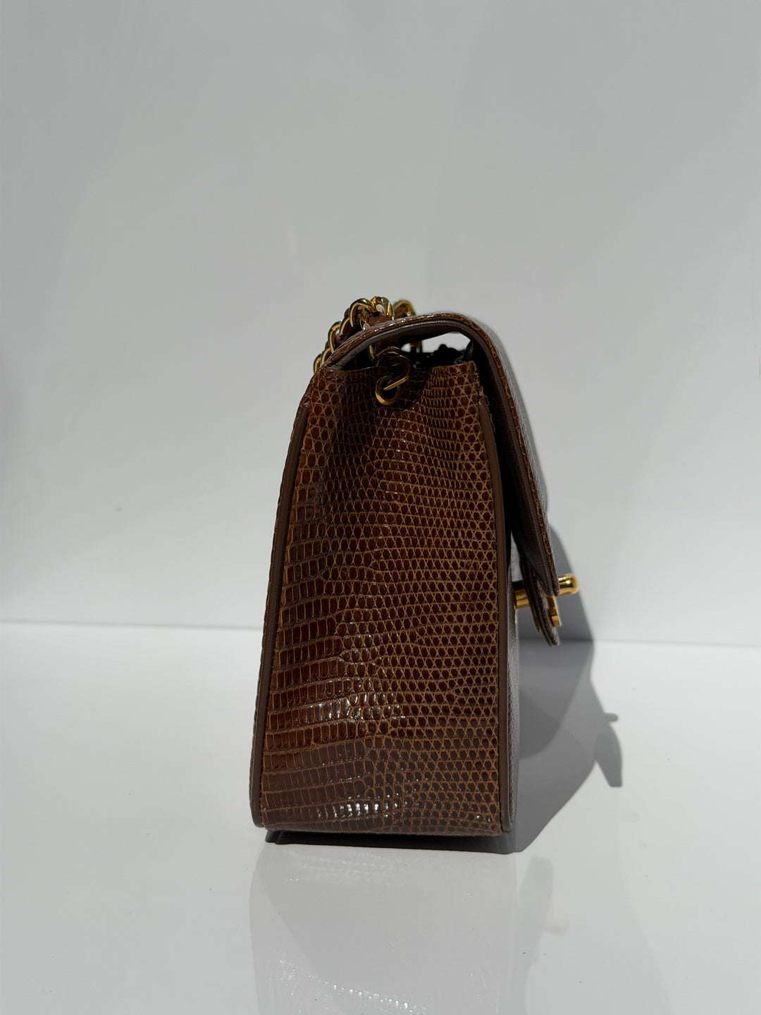Chanel Brown Vintage Lizard Mini Square Flap Bag 24K Plated Gold Hardware 1986