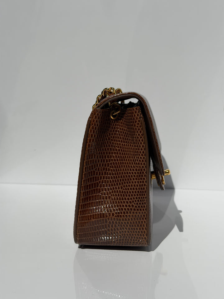 Chanel Brown Vintage Lizard Mini Square Flap Bag 24K Plated Gold Hardware 1986