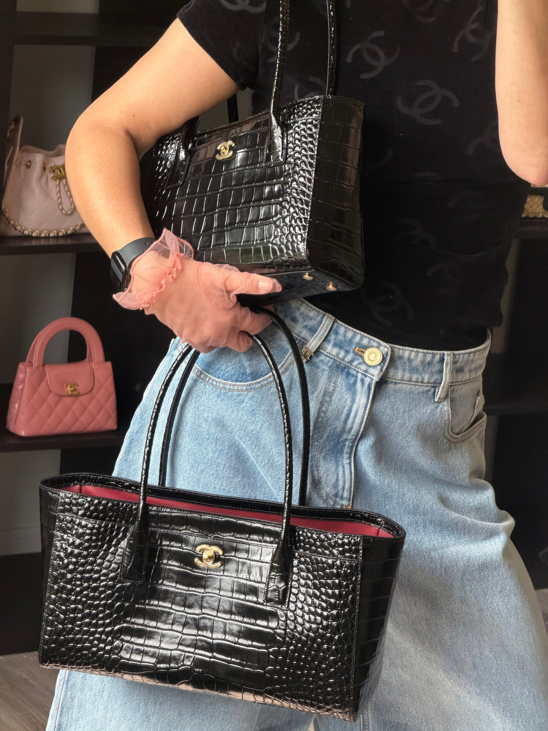 Chanel Small Shopping Bag Crocodile Embossed Calfskin Black 2026