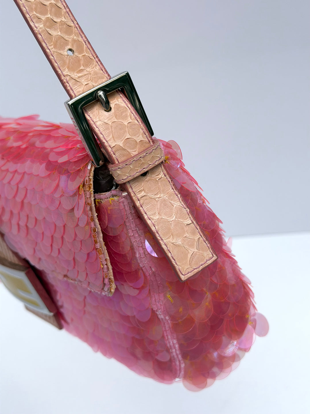 Fendi Pink Sequin Baguette Python Trim Silver Hardware 1998