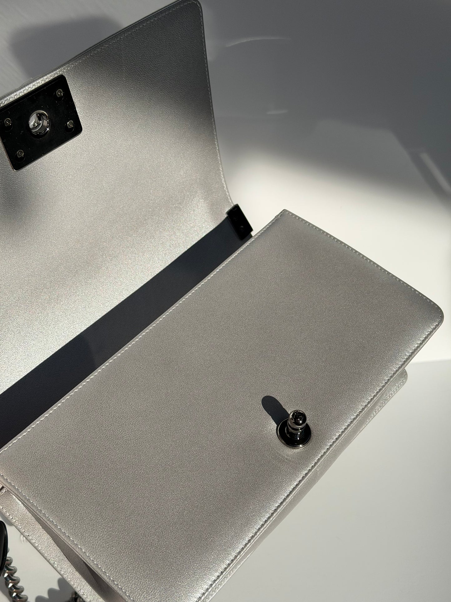 Chanel 16K Silver Python Old Medium Boy Bag