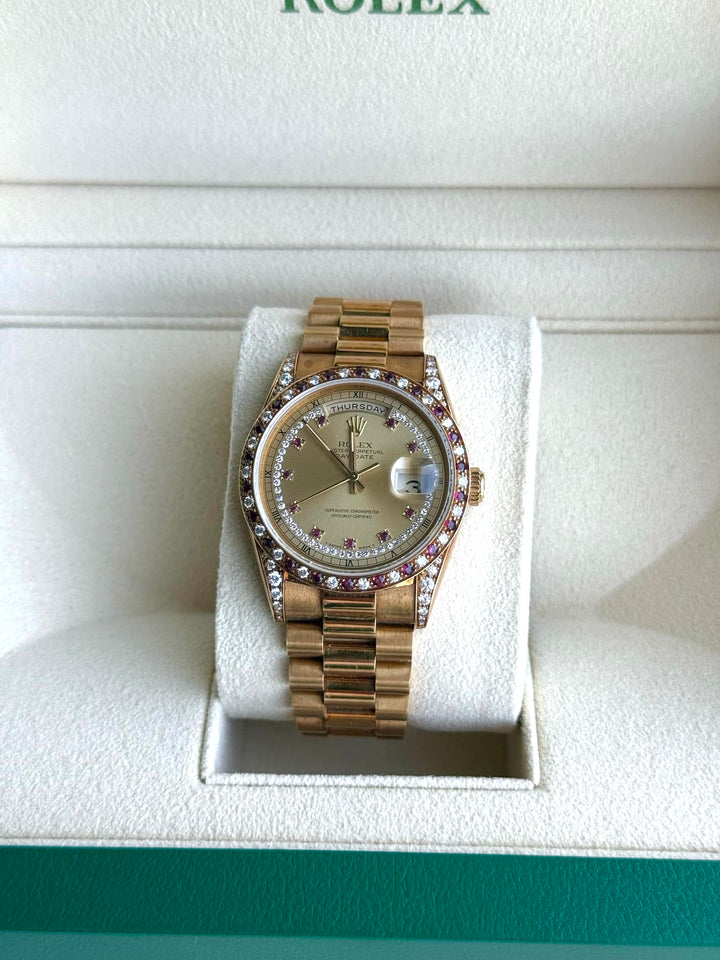 Vintage 1990 Rolex Day-Date 36mm Yellow Gold, Ruby String Dial Diamond Watch