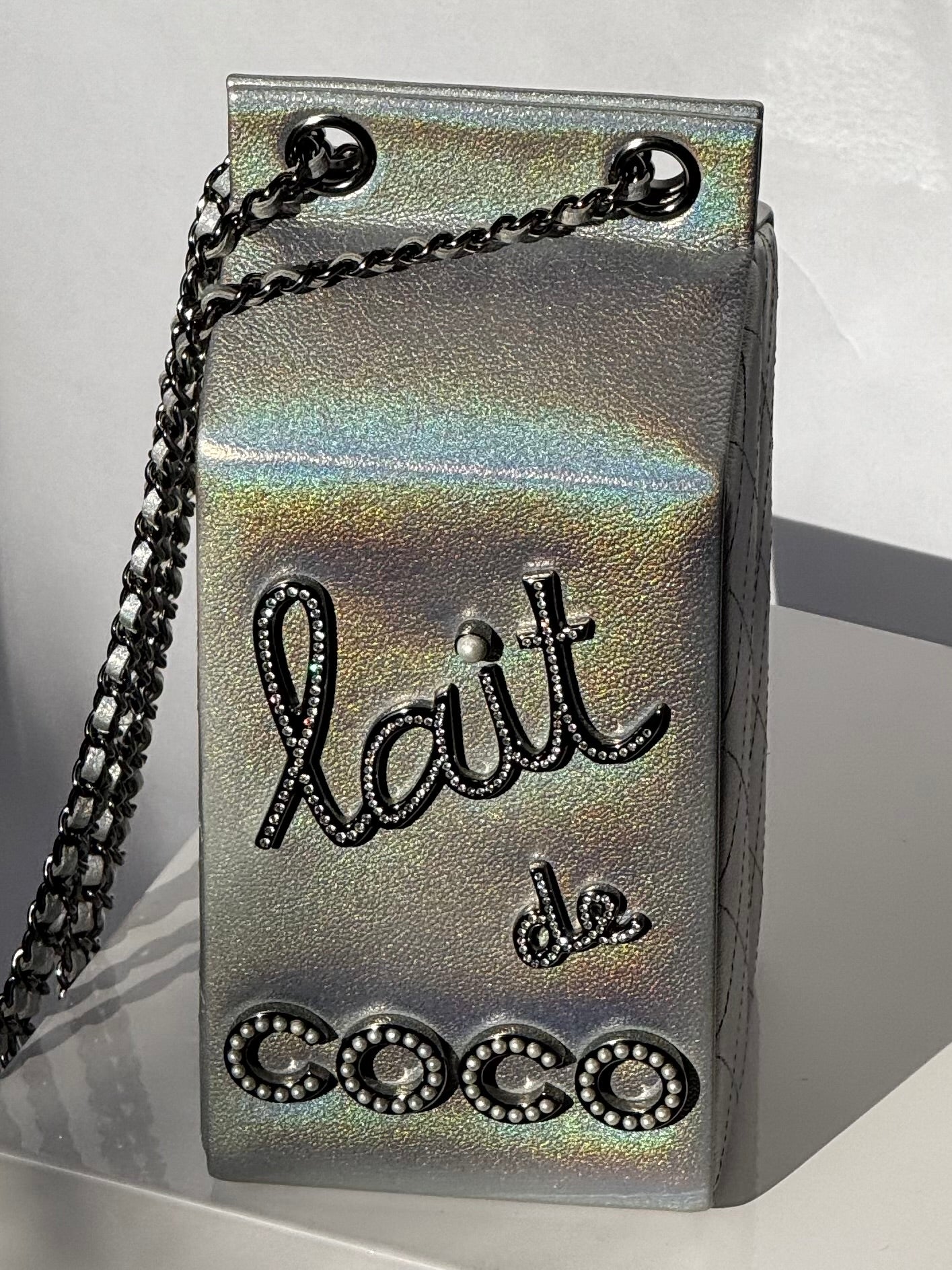 Chanel Runway Iridescent Silver Lambskin Lait De Coco Milk Carton Bag