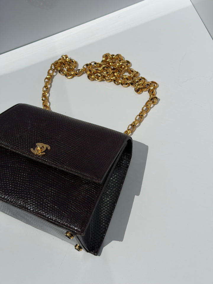 Chanel Small Trapezoid Flap Bag Burgundy Lizard Leather Gold Hardware With Bijoux Chain 1989