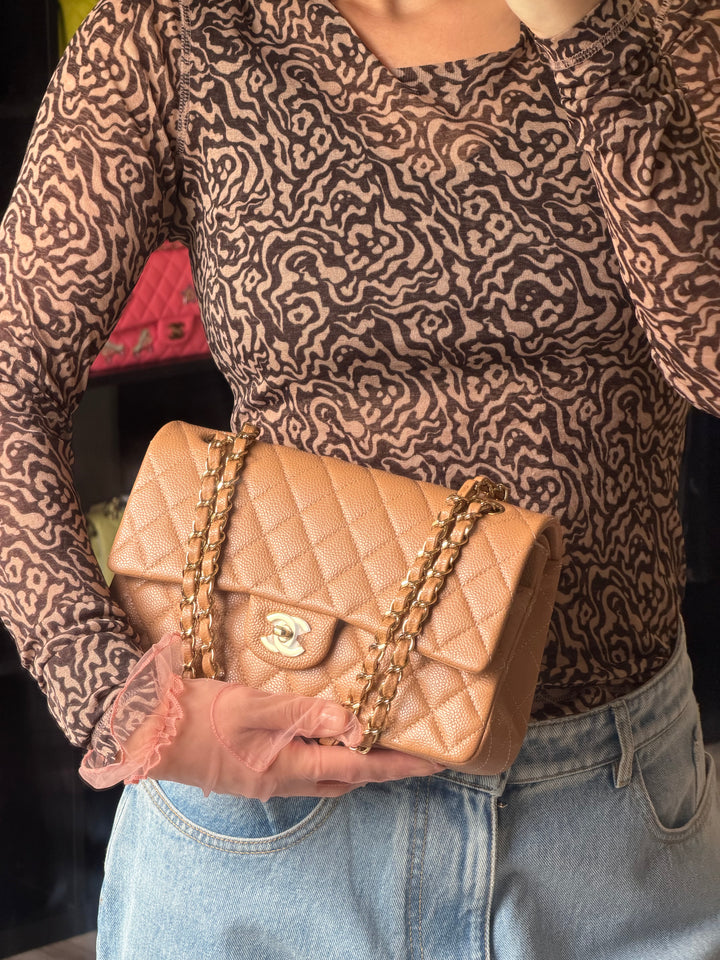Chanel Medium Classic Flap Bag Dark Beige Caviar Gold Tone Hardware 2018