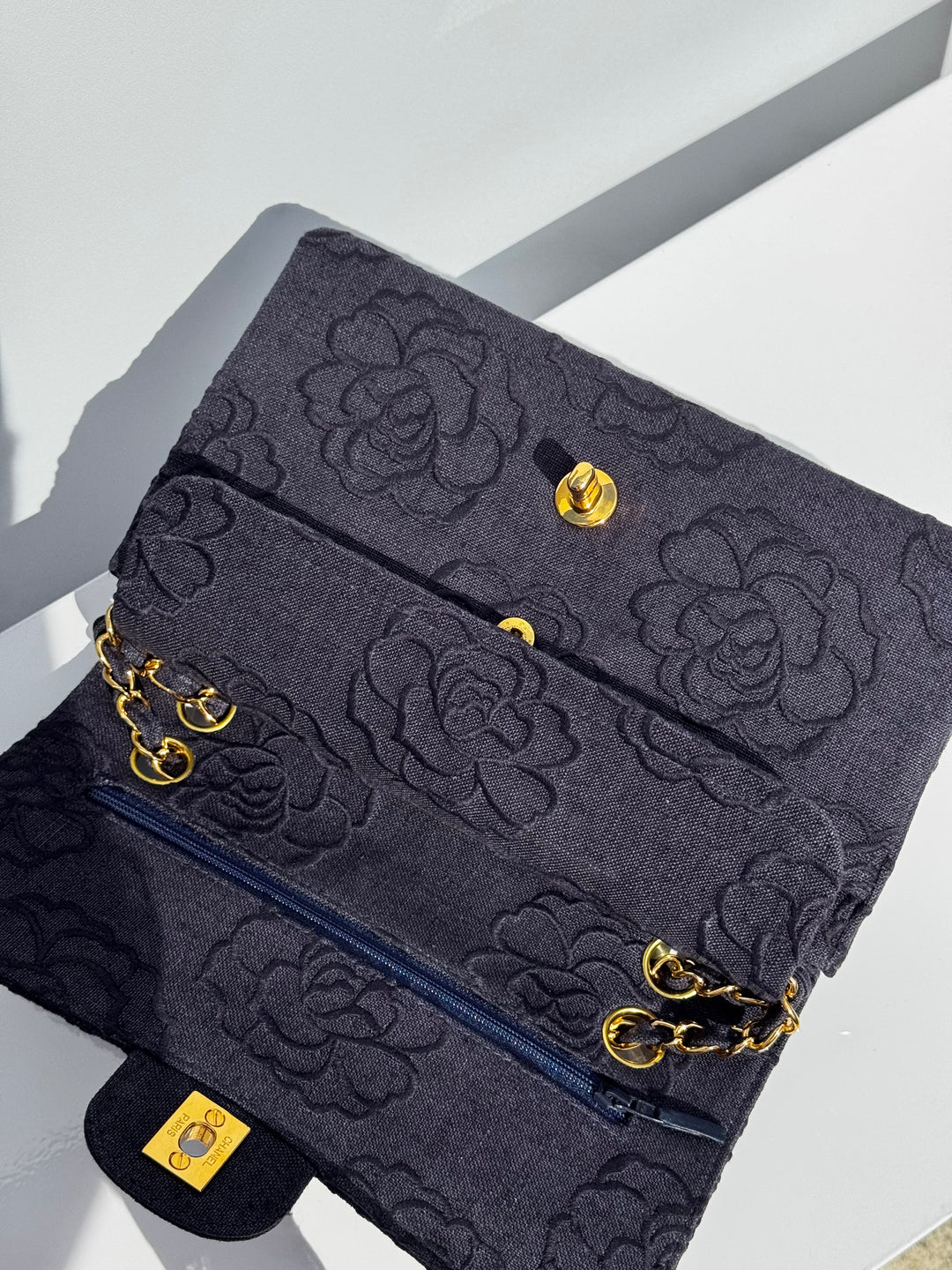 Chanel 1997 Medium 24K Navy Camellia Classic Flap Bag